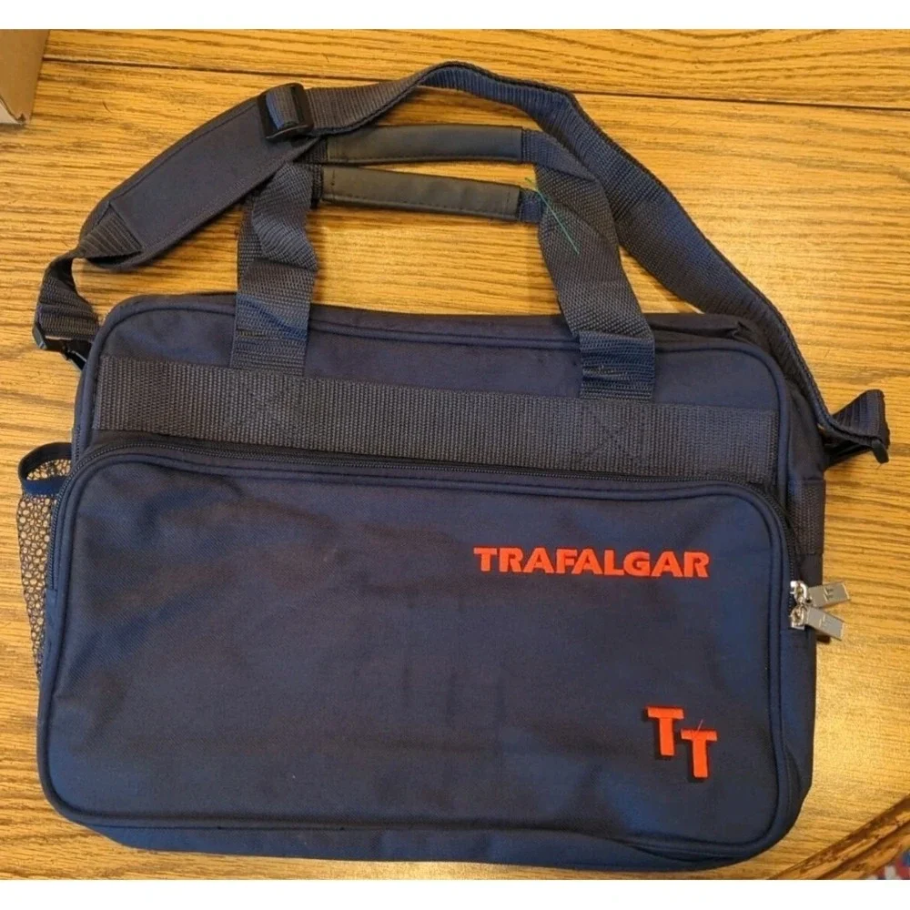 Trafalgar Crossbody or Hand-Carry On Tote Bag Mens‎ Navy Blue Embroidered